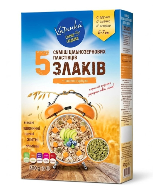 деталь Цельнозерновые хлопья 5 злаков+тыквенные семечки 500г Хатинка