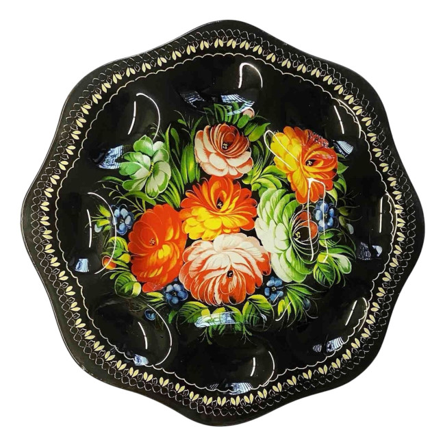 деталь Стеклянная тарелка на 8 пасхальных яиц Жостово чёрная, диаметр 21 см