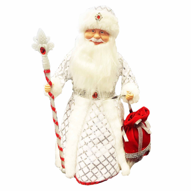 деталь Фигурка Деда Мороза в белом с серебром и красной сумочкой, с отделением для сладостей и подарков, 40 см