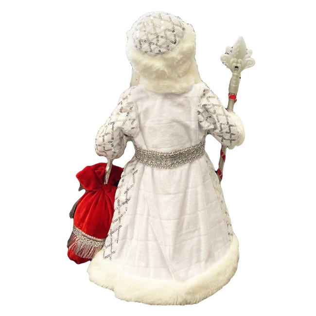 деталь Фигурка Деда Мороза в белом с серебром и красной сумочкой, с отделением для сладостей и подарков, 40 см