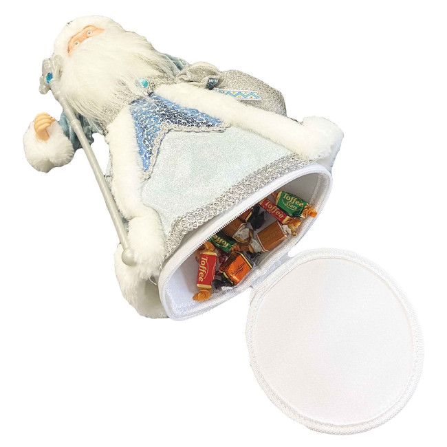 деталь Фигурка Деда Мороза в светло-сине-белом с серебром, с отделением для сладостей и подарков, 40 см